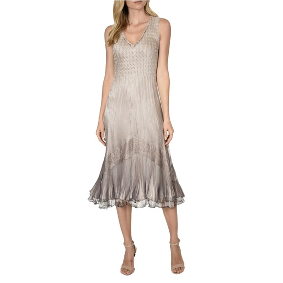 Komarov Dress XL Sleeveless V Neck Tulle Sheer Beaded Elegant Minimal Slip Brown - Picture 1 of 9
